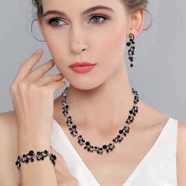 EVER FAITH Women's Crystal Elegant Bridal Flower Wave Necklace Earrings Bracelet Set Black Silver-Tone