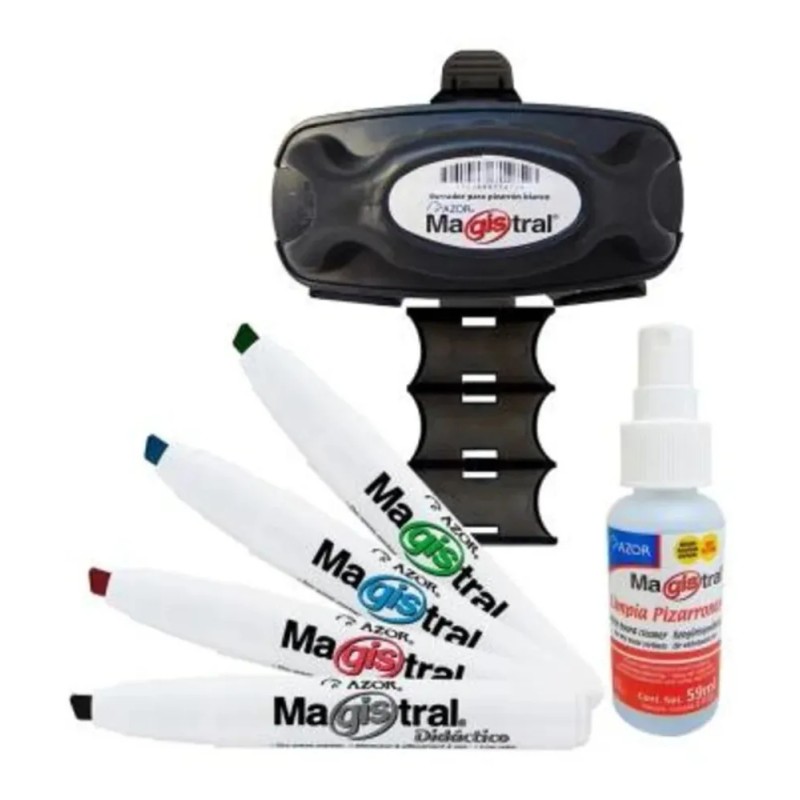 4 Plumones Magistral + Liquido Para Pizarron + Borrador