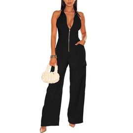 LAGSHIAN Women's Sexy V Neck Halter Backless Rompers Sleeveless Zipper Wide Leg Jumpsuits With Pockets Black