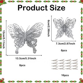 Pack of 16 Butterfly Christmas Tree Decorations with 16 Small Clips, Christmas Decoration Butterfly Christmas Tree Pendants, Tree Decoration Butterfly for Thanksgiving Christmas Decoration (C)