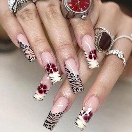 LWTZLW French Tip Press on Nails Long Square False Nails Leopard French Tip Full Cover Glue ons Nail Coffin Acrylic Fake Nails Flower Glossy Artificial Nail Reusable for Women