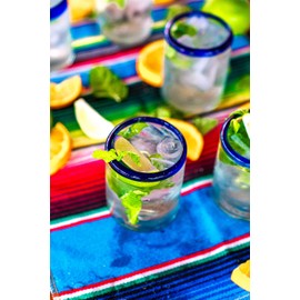EMPORION Set of 6 Hand-Blown Tumbler (10 oz) Glasses from Mexico with Cobalt Blue Rim - Rustic & Handcrafted Recycled Bubble Glass Drinking Glassware