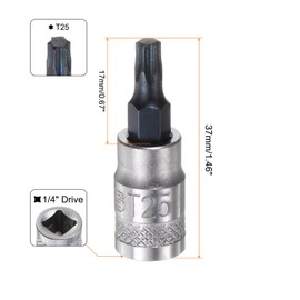 sourcing map Torx Bit Socket T25 Solid Star 1/4" Drive 1.46" Length S2 Steel Bit CR-V Socket for Ratchet Wrench, Slide Bar, Extension Rod