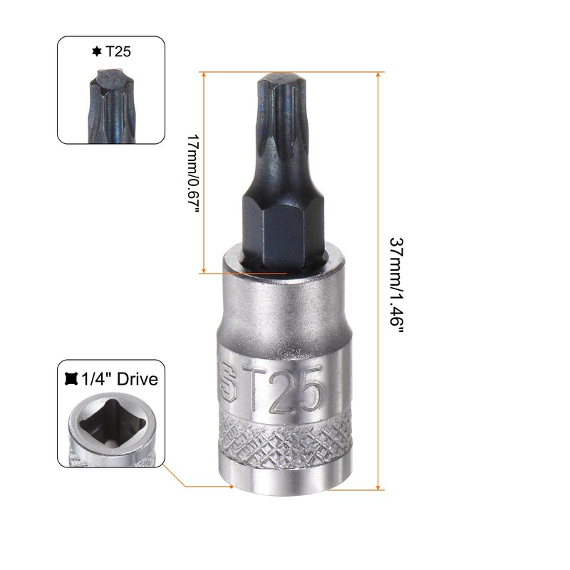 sourcing map Torx Bit Socket T25 Solid Star 1/4" Drive