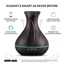 Sierra Modern Home Smart WiFi Wireless Essential Oil Aromatherapy 400ml Ultrasonic Diffuser & Humidifier with Alexa & Google Home Phone App & Voice Control - LED & Timer Settings Dark Brown
