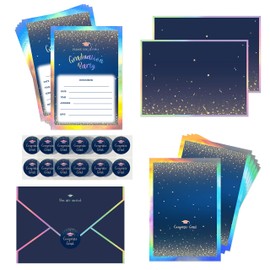 Cheerland 12 Set Holographic Blue Graduation Invitation Card Royal Blue Grad Invites with Gold Confetti Congrats GRAD Celebration Party Supplies