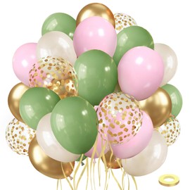 Sage Green Pink Balloons, 50pcs Olive Green Pastel Pink Sand White Metallic Gold Balloons Gold Confetti Balloons with White Ribbon for Wedding Bridal Shower Birthday Party Safari Decorations…