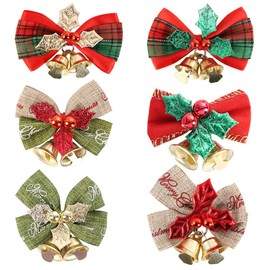 NIXNUT 6pcs Christmas Tree Bows Ribbon Hanging Decorations with Bells Ornaments Pendant for New Year Xmas Party Multicolored