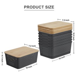Bagnizer Small Plastic Storage Bins with Bamboo Lids 5.2qt Stackable Box Basket Pantry Decorative Containers Cute with Lable for Organizing Desktop Closet Office Gray of 6 packs 10 * 7.2 * 4.1'’