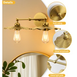 Vintage Brass Double Wall Sconce Fixture, Double Head Gold Wall Sconce with Decorative Petal Shade, Industrial Style Bathroom Vanity Wall Light, Edison Bulb, Suitable for Bedroom, Hallway, Bathroom