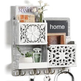 Mail Organizer Wall Mounted, 2 Slots Key Holder for Wall with 8 Hooks, Rustic Wood Key Rack with Shelf for Entryway Hallwall Farmhouse House Warming Gifts New Home