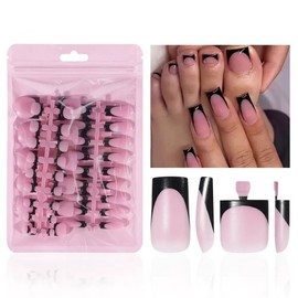 60Pcs Black French Tip Press on Nails & Press on Toenails Set, Square Press on Nails Medium Fake Nails Black French Press on Toe Nails Full Cover Stick on Nails for Women
