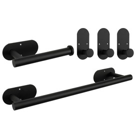 TocTen 5 Pieces Self Adhesive Towel Bar Set, Stainless Steel Bathroom Hardware Set Include Towel Rack, Toilet Paper Holder, 3 Packs Towel Hook, No Drilling Sticky Bathroom Accessory Kit(Black)
