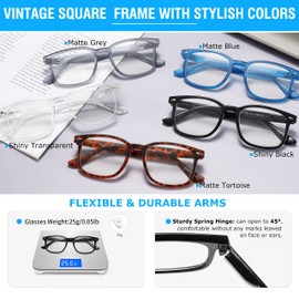 touk Vintage Square Reading Glasses Blue Light Blocking, Fashion Spring Hinge Filter UV Computer Readers for Men Women 5 Pack +2.0