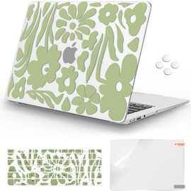 iCasso Compatible with MacBook Air 13 inch Case (A1369 & A1466, Older Version 2010-2017 Release), Protective Plastic Hard Shell Case & Keyboard Cover & Screen Protector, Green Flower
