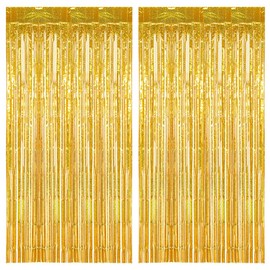 New Year's Eve Tinsel Curtains, Gold Glitter, Pack of 2 Metallic Glitter Curtain Fringe 1 m x 2 m, Glitter Tinsel Curtain, Foil Fringe Curtain for Christmas Tree, Birthdays, Festivals, Party, Stage