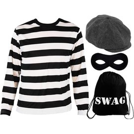 ADULTS BURGLAR COSTUME - X-LARGE - BLACK & WHITE STRIPED T-SHIRT + FLAT CAP + EYEMASK + "SWAG" BAG - PERFECT FOR SCHOOL BOOK WEEK AND WORLD BOOK DAY FOR CHILDREN MEN AND WOMEN WITH BURGLAR SWAG BAG