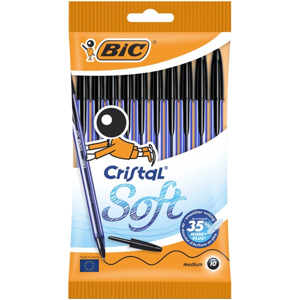 BIC Cristal Soft Ball Pens - Pack of 10 - Black Colour - Medium Point (1.2 mm) - Smooth Writing and Long-Lasting Ink