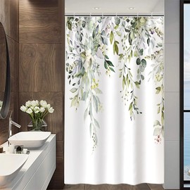 Uiiooazy Shower Curtain, Eucalyptus Green, Shower Curtain, Watercolour Leaves, Flowers, Pink Shower Curtains, Anti Mould, Waterproof Polyester Fabric, Washable Bathroom Curtain with 8 Hooks for