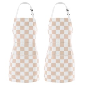 Ohocut 2 Pack Checkered Kitchen Apron, Beige Checkerboard Aprons for Women with Pockets, Chef Apron for Men, Waterproof Aprons for Cooking