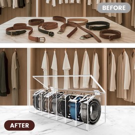 SIKWO Acrylic Belt Organizer with Flap Dust Cover – 7-Compartment Clear Storage Case for Belts, Ties & Bow Ties | Closet & Drawer Display Holder for Men & Women
