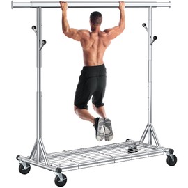 Gewudraw Heavy Duty Clothes Rack Load 630 lbs, Metal Rolling Clothing Rack With Sturdy Wheel And Shelves, Adjustable Portable Hanging Garment Rack For Clothes,Chrome Stainless Steel
