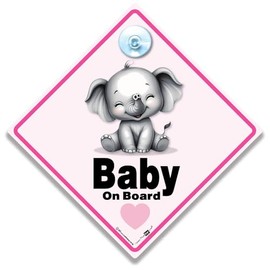Baby on Board Car Sign with Suction Cup, Baby Elephant Design, Pink Border, 14 x 14 cm