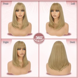 Blonde Bob Wig with Bangs Shoulder Length Straight Natural Looking Synthetic Heat Resistant Medium Hair Wigs for Women Daily Party, 16 Inch Dark Blonde