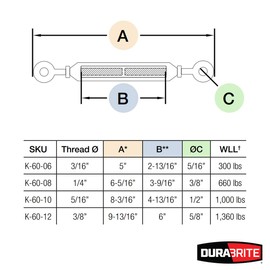 DuraBrite 3/16" x 5" 316 Stainless Steel Eye & Eye Turnbuckle - 300 lbs WLL (Pack of 5)