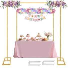 JEBUTU JEBUTU Square Backdrop Stand, Wedding Arch Heavy Duty Adjustable Stand, Over The Table Rod Stand with Clamps, Metal Gold Garden Balloon Frame for Baby Shower Party Decoration