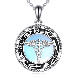 KZX Caduceus Necklace Sterling Silver Gifts Nurse Themed Pendant Healthcare Worker Necklace Jewellery for Women Nurse Doctor, Sterling Silver, Moonstone