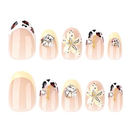 Summer Press on Nails Short Oval Almond 3D Rhinestones Flower Designs,YIHONGYAN Fake Nails Press ons Nails French Tip Acrylic Nail Kit Glue on Nails Full Cover False Nails Stick on Women Nails 24 Pcs