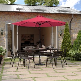 Flash Furniture Montego Round Solar LED Umbrella, Commercial Grade Patio Umbrella with Easy Lift Crank and Tilt Function, 32 LED Lights, 6 Hour Run Time, 9 FT, Red