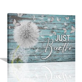 Dandelion Wall Art Country Dandelion Butterfly Wall Decor Just Breathe Inspirational Quotes Canvas Prints Teal Wood Background Painting Artworks Framed Home Decoration for Bathroom Living Room Bedroom