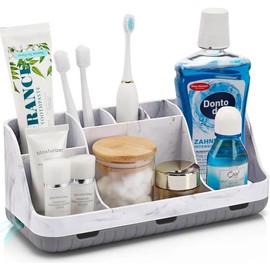 Marble Bathroom Countertop Organizer - Detachable 7 Slots Kids Electric Toothbrush and Toothpaste Holde Drainage for Bathroom Accessories Organization Counter Vanity Storage, Grey Rubber - Colour: Black