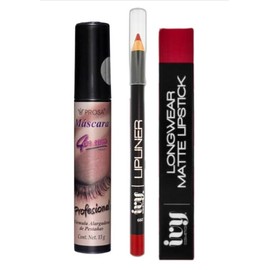 Kit de Maquillaje Profesional, Rimel Prosa Negro Resistente al Agua, Labial Ivy Mate de Larga Duracion y Delineador Lapiz de Labios Ivy (Cherry Love)