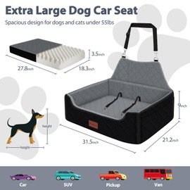 Dog Car Seat for Medium Large Dogs Under 55lbs, Detachable and Washable Dog Booster Seats with Thick Cushion, Pet Travel Bed for Car with Storage Pockets and 2 Safety Belts