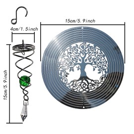 Tree of Life Wind Hanging Spinners, 3D Metal Spiral Wind Spinner with Gazing Ball Spiral Tail, Stainless Steel 360 Degrees Hanging Spin Decor for Indoor Outdoor Garden Lawn Yard