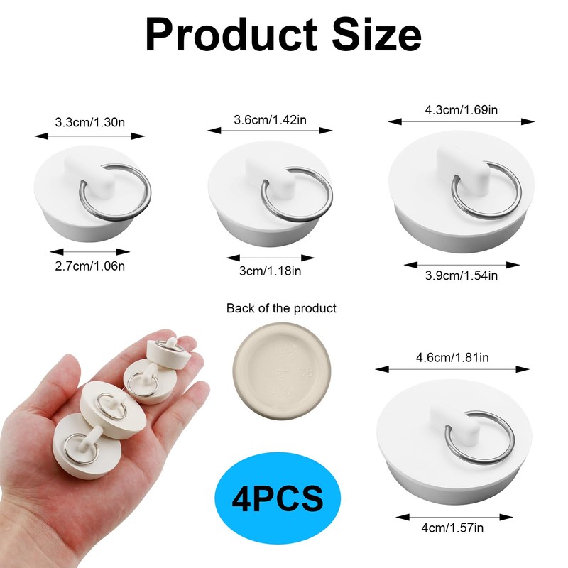 Rubber Bath Plug Replacement Set 4PCS, Fit for UK Universal