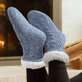Tough Land Slipper Socks for Women with Grippers Non Slip, Sherpa Lined Cozy Fuzzy House Slipper Socks
