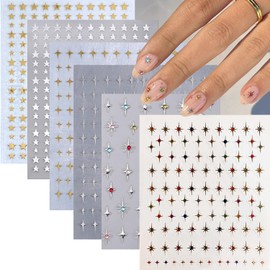 6 Sheets Star Nail Art Stickers Glitter Rhinestones Star Nail Design Stickers Gold Silver Nail Decals Colour Gems Nail Decor 3D Self Adhesive Starlight Nail Art Supplies for Women DIY Manicure