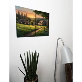 The Plum Penguin Serene Meadow & Cottages Sunset Scene Printed Wood Wall Art - Dual A4 MDF Panels Canvas Alternative 40 x 30cm
