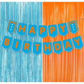 Decoración de cumpleaños preencordada de feliz cumpleaños, color azul, naranja, decoración de fiesta para profesores, cumpleaños, baby shower, coche de bomberos, decoración de bomberos