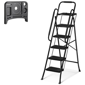 JungleA Step Ladder 5 Step Folding with Tool Tray, Wide Non-Slip Pedal, Safety Handrail and Sturdy Steel Construction Step Stool, 330 lbs Portable Ladders for Home, Attic, Office & Garage, Black