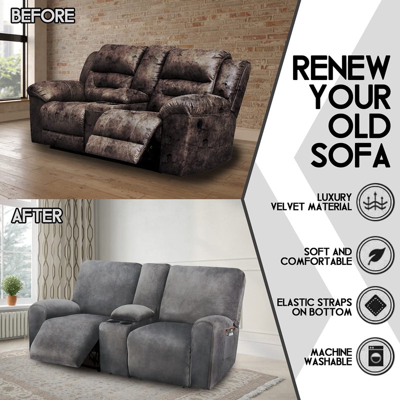 ULTICOR Reclining Loveseat with Middle Console Slipcover, 8-Piece Velvet Stretch