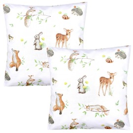 TupTam Children's Decorative Patterned Cushion Cover with Envelope Closure, Set of 2, Colour: Forest Animals, Hedgehog, Deer, Fox, Rabbit, Beige, Size: 40 x 60 cm
