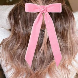 Velvet Hair Bows for Women Girls,Long Tail Tassel Ribbon Bowknot Hair Clips Barrettes for Teens Toddlers Valentines Hair Accessories,Pink (C)