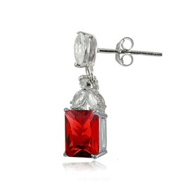 Sterling Silver Created Ruby and White Topaz Emerald-Cut Dangle Earrings