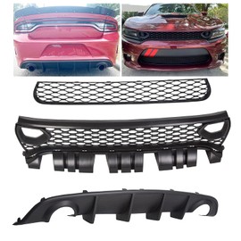 ECOTRIC Grille Bezels and Rear Bumper Diffuser Compatible with 2015-2019 Dodge Charger SRT Scat Pack Daytona Replace for 68394592AA 68417505AB - Mesh Grill Guard Spoiler - 2 Packages