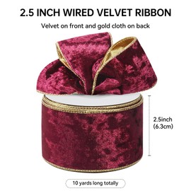 Burgundy Wired Velvet Christmas Ribbon for Gift Wrapping, 2.5 inch×10 Yards Wide Wine and Gold Ribbon for Christmas Tree Ornaments Topper Bow, Vintage Velvet Ribbon for Garland, Home Decor